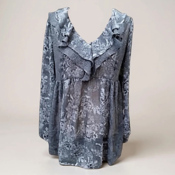 Jessica Simpson Babydoll Maternity Tunic Blouse Sheer Blue Gray Floral Ruffle XL - Picture 3 of 10